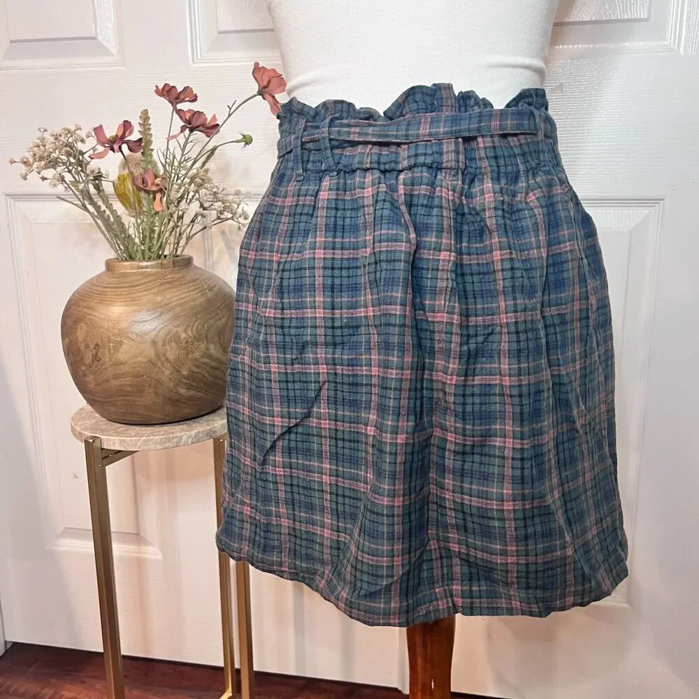 American Eagle‎ Womens Green Plaid Linen Blend Tie Shorts Sz M Heritage Academia